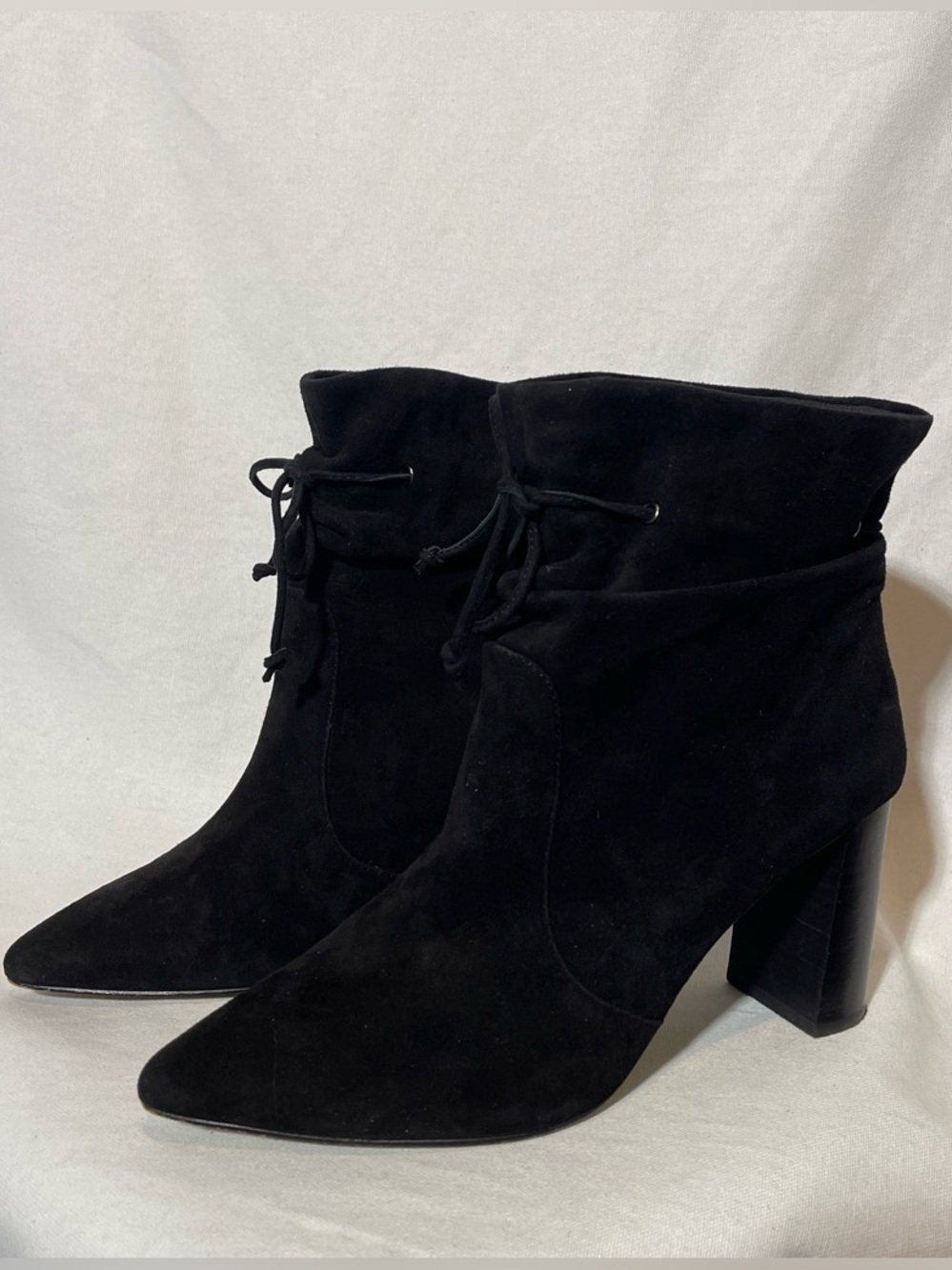 Tahari Black Suede Pointed Toe Ankle Booties with Block Heel